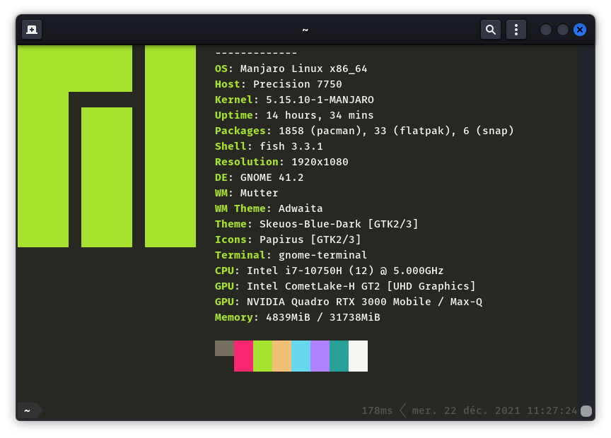 Neofetch lancé dans le Terminal de Gnome